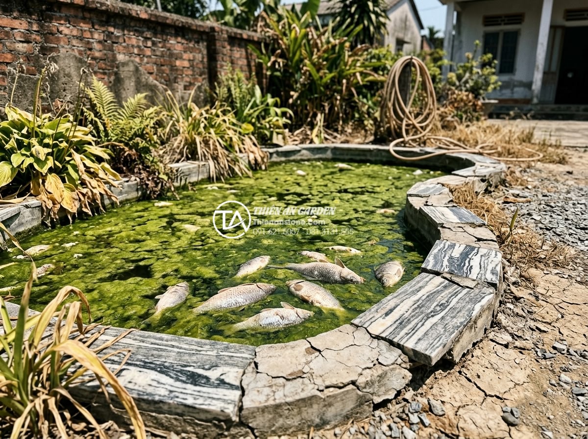 5 Sai lầm chết người khi xây hồ cá tiểu cảnh khiến cá nhanh chết - Realistic photo of a failed small garden pond built in full sun exposure showing
