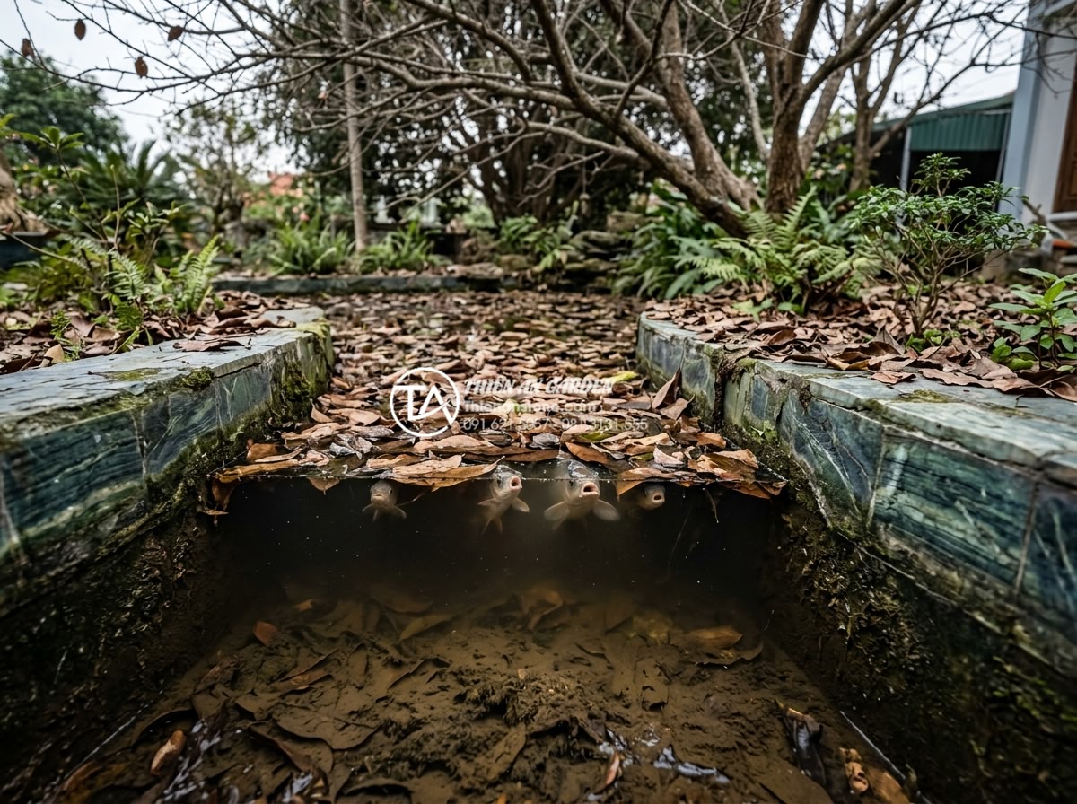 5 Sai lầm chết người khi xây hồ cá tiểu cảnh khiến cá nhanh chết - Side view of garden pond built too close to large deciduous trees with massive a