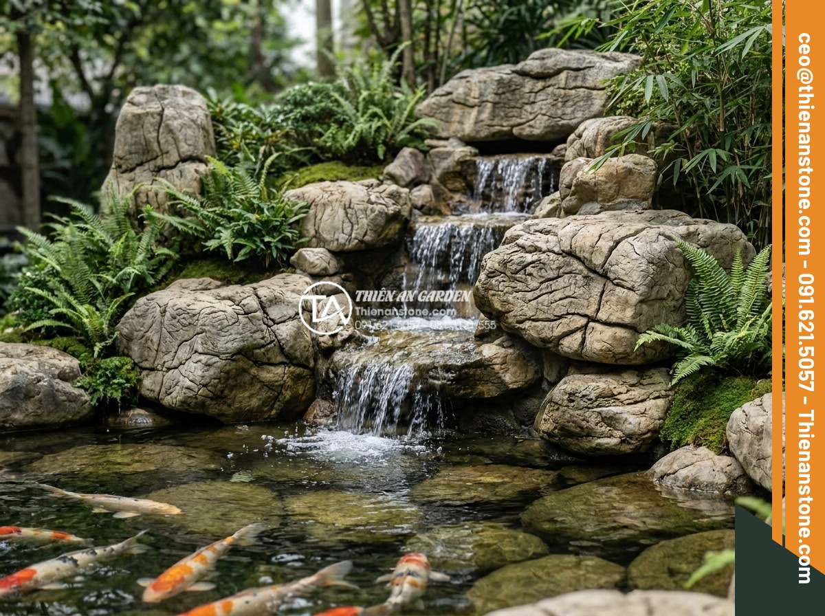 5 Sai lầm nghiêm trọng khi thi công thác nước sân vườn gây rò rỉ điện nước - Serene garden waterfall with crystal clear water flowing perfectly, integrated w