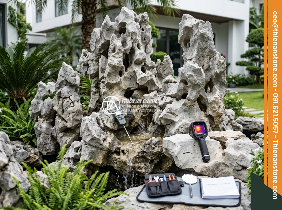 5 Sai lầm nghiêm trọng khi thi công thác nước sân vườn gây rò rỉ điện nước - Professional maintenance team inspecting a luxury garden waterfall, using moistu