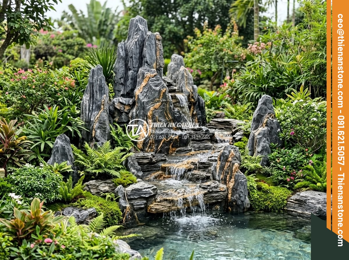 5 Sai lầm nghiêm trọng khi thi công thác nước sân vườn gây rò rỉ điện nước - Happy family enjoying a perfectly maintained garden waterfall with no signs of l
