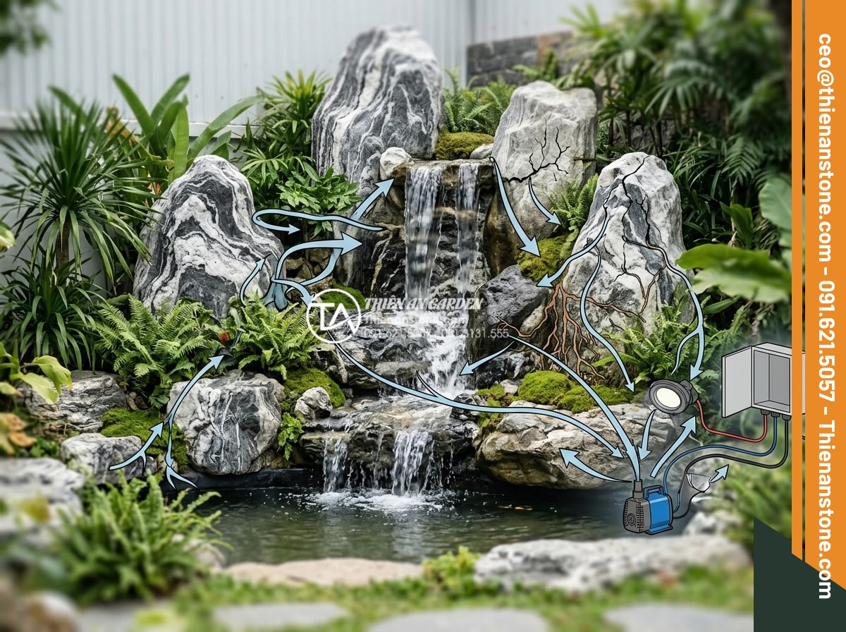 5 Sai lầm nghiêm trọng khi thi công thác nước sân vườn gây rò rỉ điện nước - Advanced technical diagram and realistic photo combination showing causes of wat
