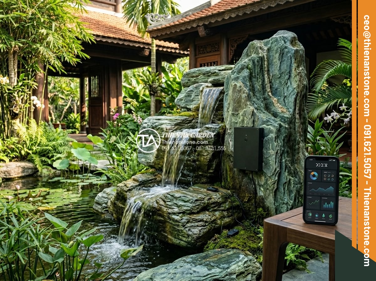 5 Sai lầm nghiêm trọng khi thi công thác nước sân vườn gây rò rỉ điện nước - Futuristic smart garden waterfall system with IoT sensors monitoring moisture an