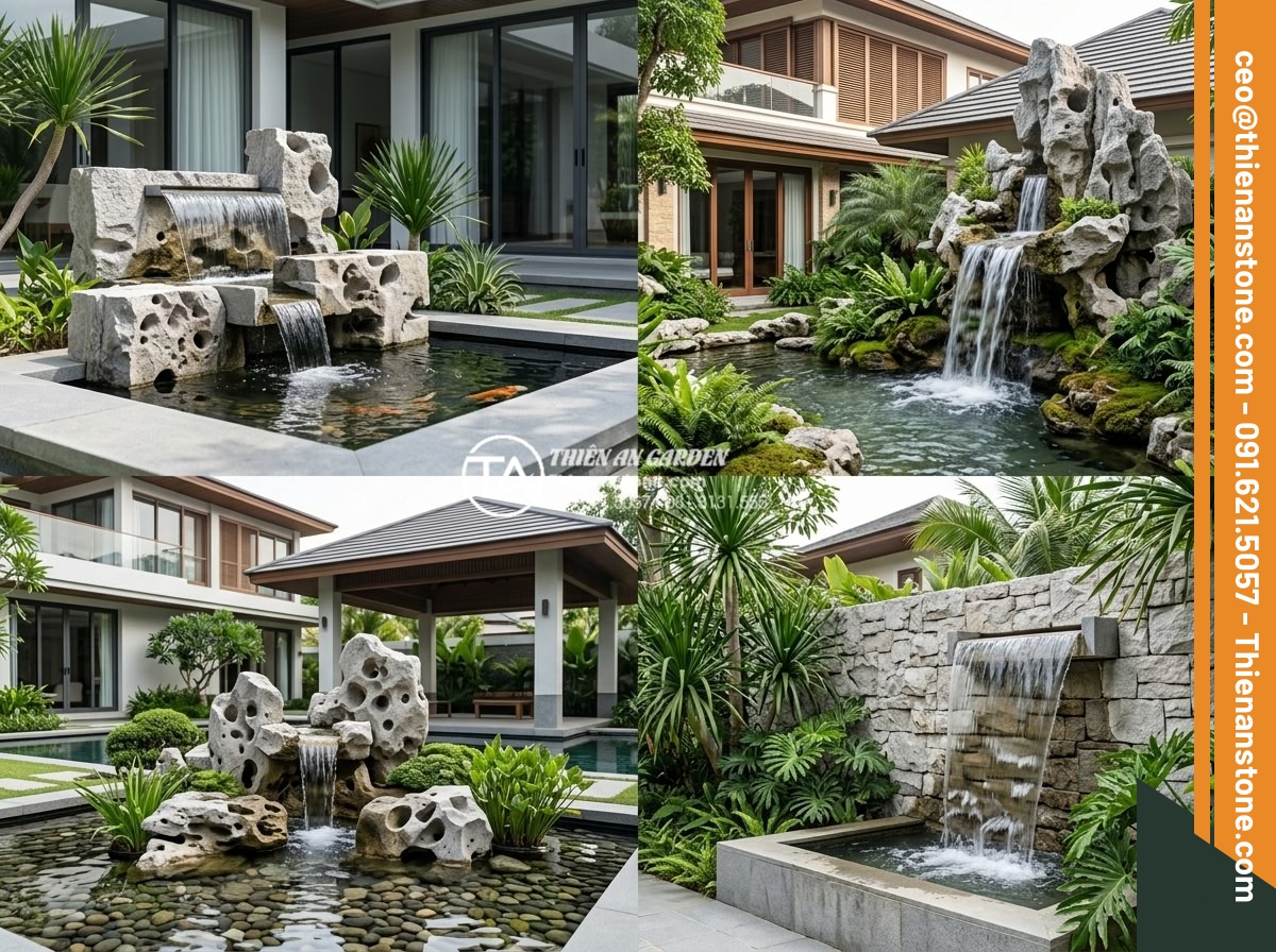 5 Sai lầm nghiêm trọng khi thi công thác nước sân vườn gây rò rỉ điện nước - Elegant collection of top modern garden waterfall designs by Thien An Stone, var