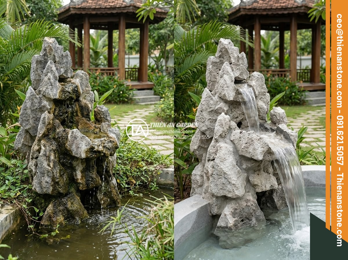 5 Sai lầm nghiêm trọng khi thi công thác nước sân vườn gây rò rỉ điện nước - Before and after comparison photo of a garden waterfall: left side shows leaking