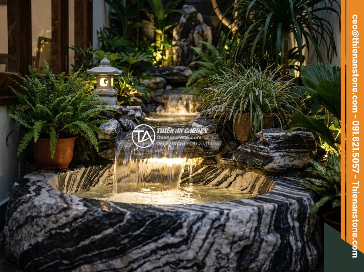 5 Sai lầm nghiêm trọng khi thi công thác nước sân vườn gây rò rỉ điện nước - Realistic image of a garden waterfall with hidden safe electrical components, LE