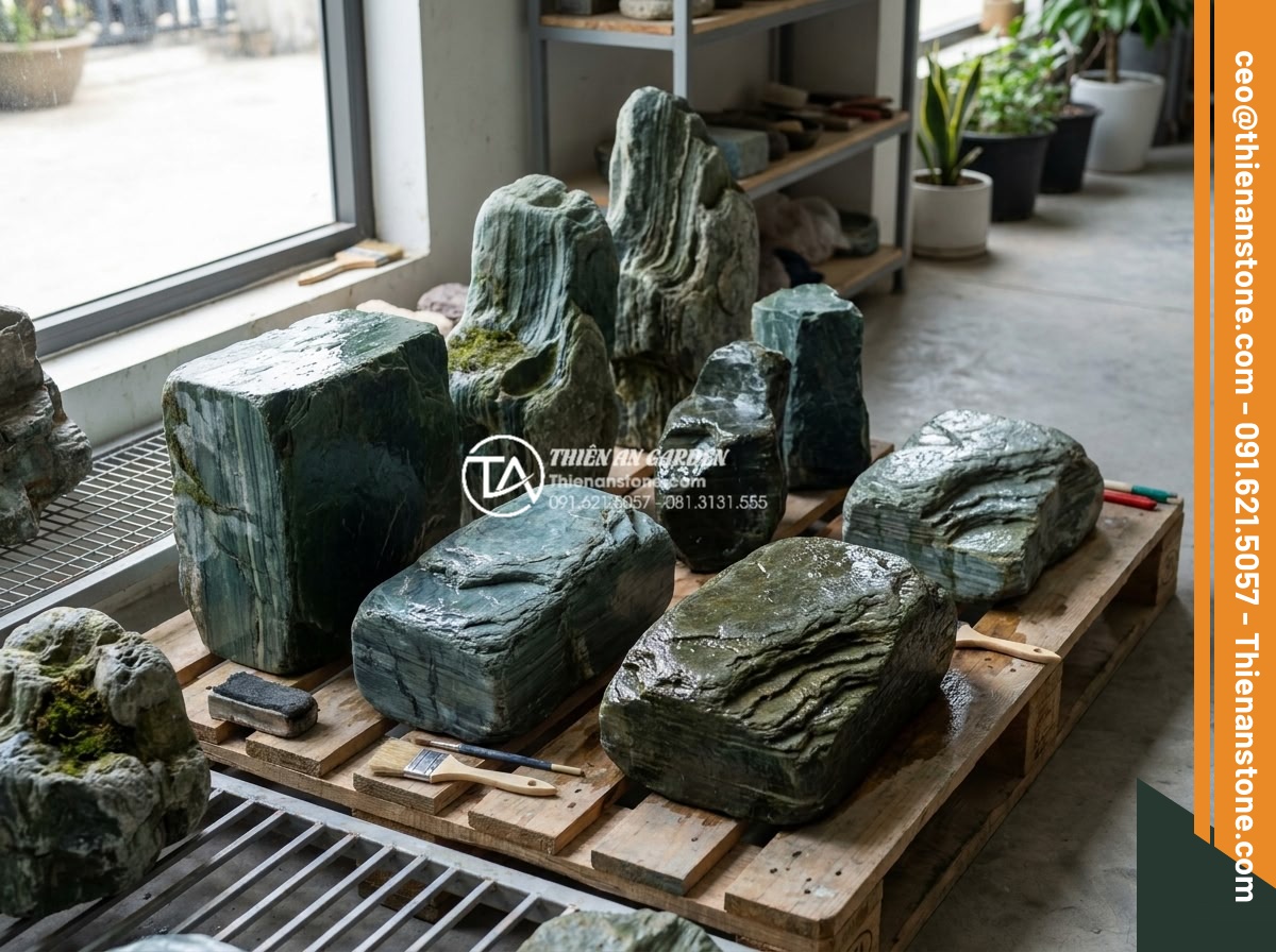 5 Sai lầm nghiêm trọng khi thi công thác nước sân vườn gây rò rỉ điện nước - High detail realistic photo of premium natural stone selection for garden waterf