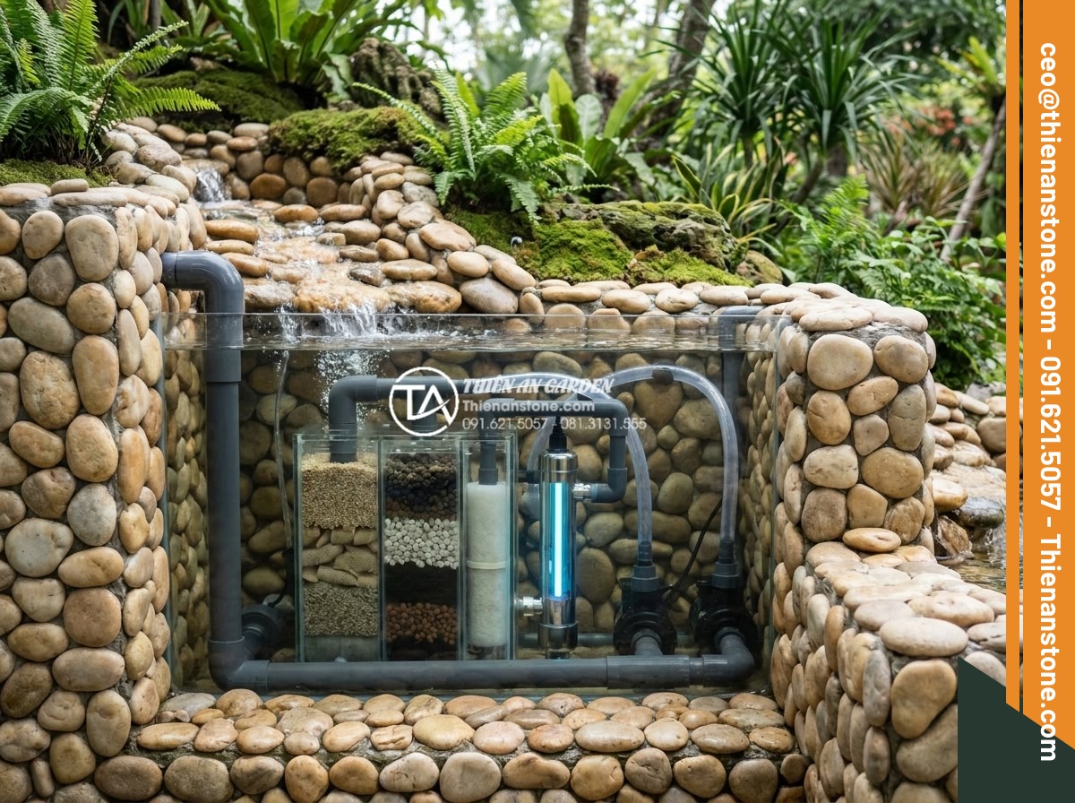 5 Sai lầm nghiêm trọng khi thi công thác nước sân vườn gây rò rỉ điện nước - Technical realistic image of advanced water filtration and drainage system for g