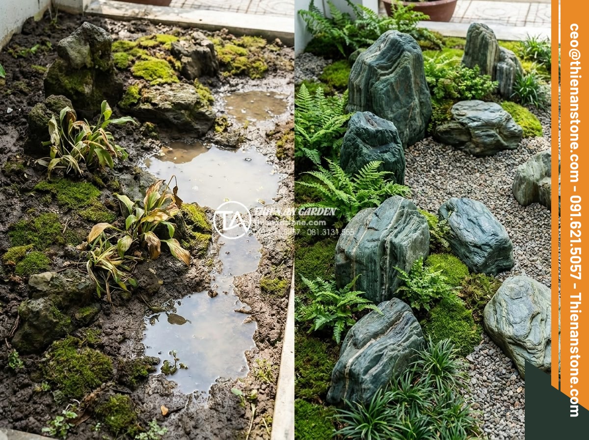 5 Sai lầm phổ biến khi tự làm tiểu cảnh trước nhà mini bạn cần biết - Realistic before and after comparison photo of a Vietnamese front yard mini rock