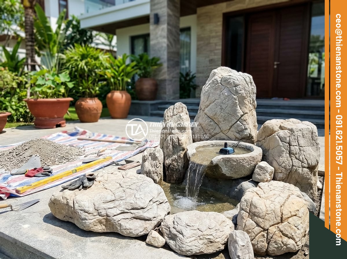 5 Sai lầm phổ biến khi tự làm tiểu cảnh trước nhà mini bạn cần biết - Professional team photo of landscape experts from a Vietnamese stone company car