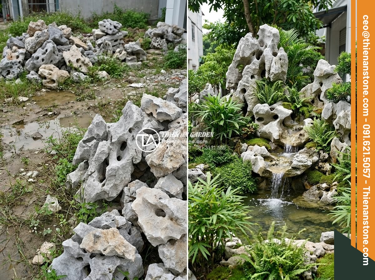 5 Sai lầm phổ biến khi tự làm tiểu cảnh trước nhà mini bạn cần biết - High quality image showcasing the transformation journey of a front yard: left p