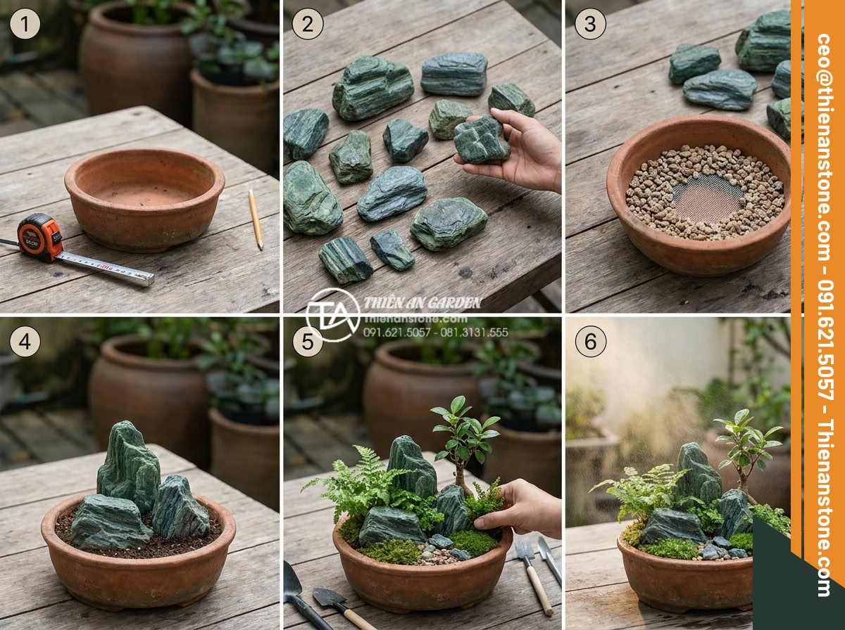 5 Sai lầm phổ biến khi tự làm tiểu cảnh trước nhà mini bạn cần biết - Step-by-step educational collage style professional photo showing DIY mini garde
