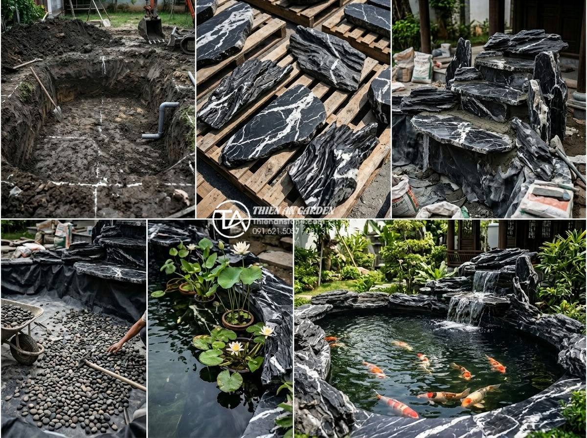 7 Loại đá tự nhiên tốt nhất để trang trí tiểu cảnh bể cá sân vườn - Hình 12 7 Loại đá tự nhiên tốt nhất để trang trí tiểu cảnh bể cá sân vườn - Step-by-step realistic collage showing professional construction process of a na