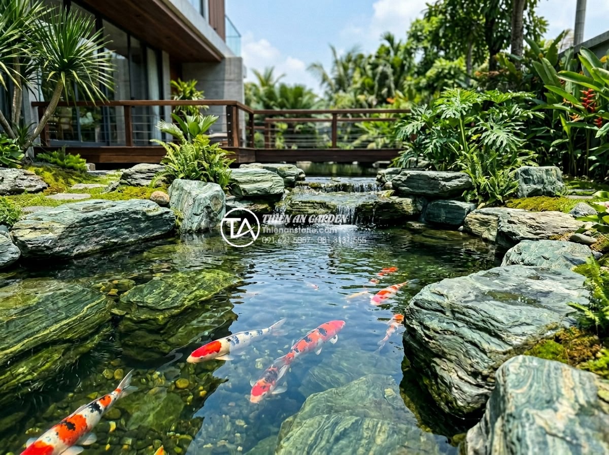 7 Loại đá tự nhiên tốt nhất để trang trí tiểu cảnh bể cá sân vườn - Hình 4 7 Loại đá tự nhiên tốt nhất để trang trí tiểu cảnh bể cá sân vườn - Realistic professional photo of an elegant modern Vietnamese villa garden koi po