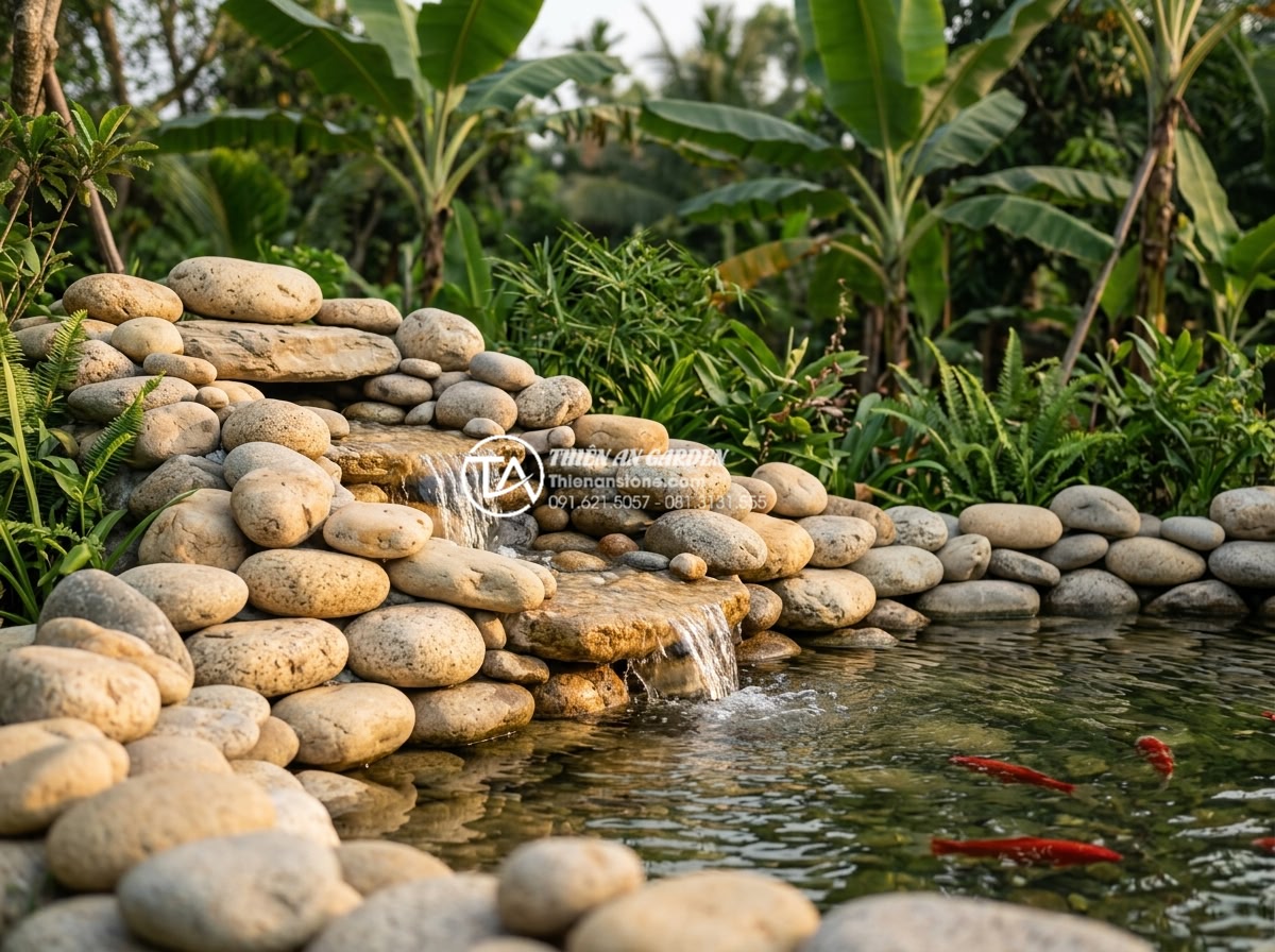 7 Loại đá tự nhiên tốt nhất để trang trí tiểu cảnh bể cá sân vườn - Hình 6 7 Loại đá tự nhiên tốt nhất để trang trí tiểu cảnh bể cá sân vườn - Beautiful realistic photograph of a traditional Vietnamese garden koi pond using