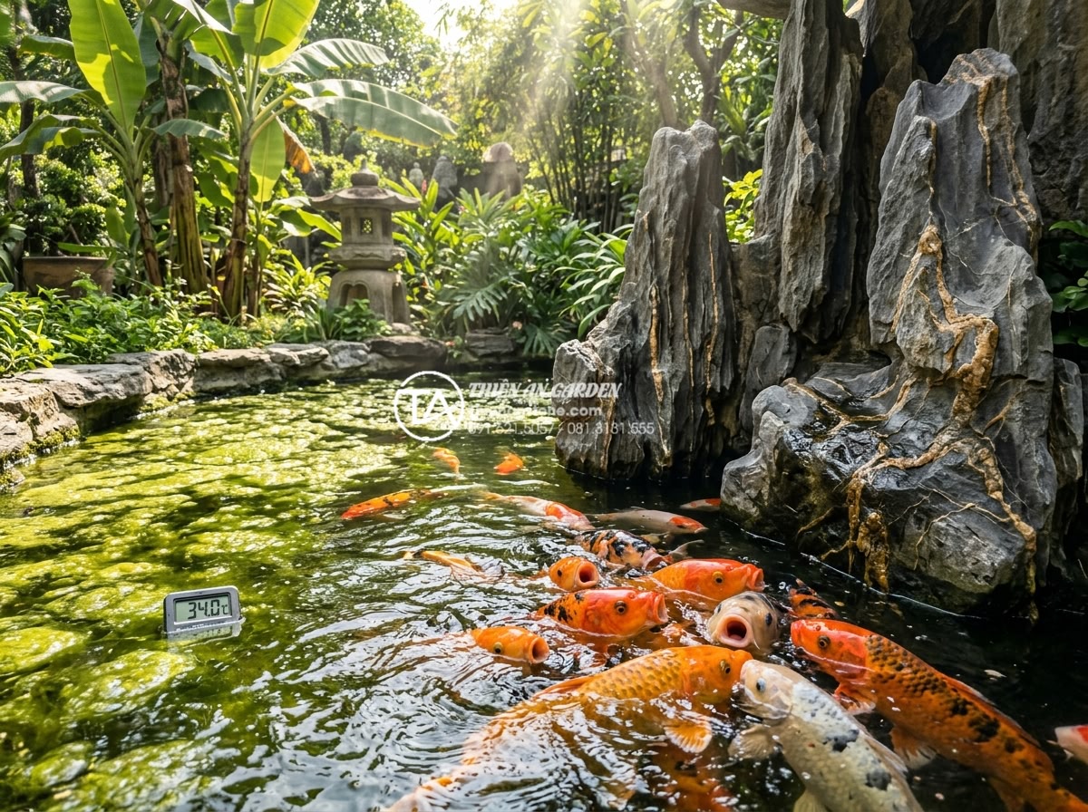 Ảnh hưởng của nắng nóng đến hồ cá sân vườn và giải pháp hạ nhiệt mùa hè - Realistic high-resolution photograph of a Vietnamese luxury garden pond with lar