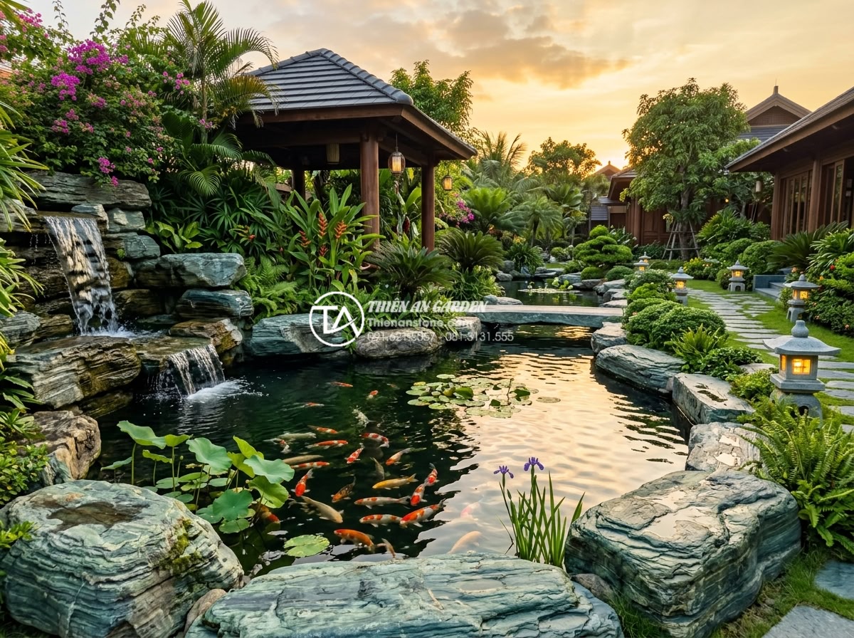 Ảnh hưởng của nắng nóng đến hồ cá sân vườn và giải pháp hạ nhiệt mùa hè - Final inspiring image of a perfectly maintained Vietnamese luxury garden koi pon