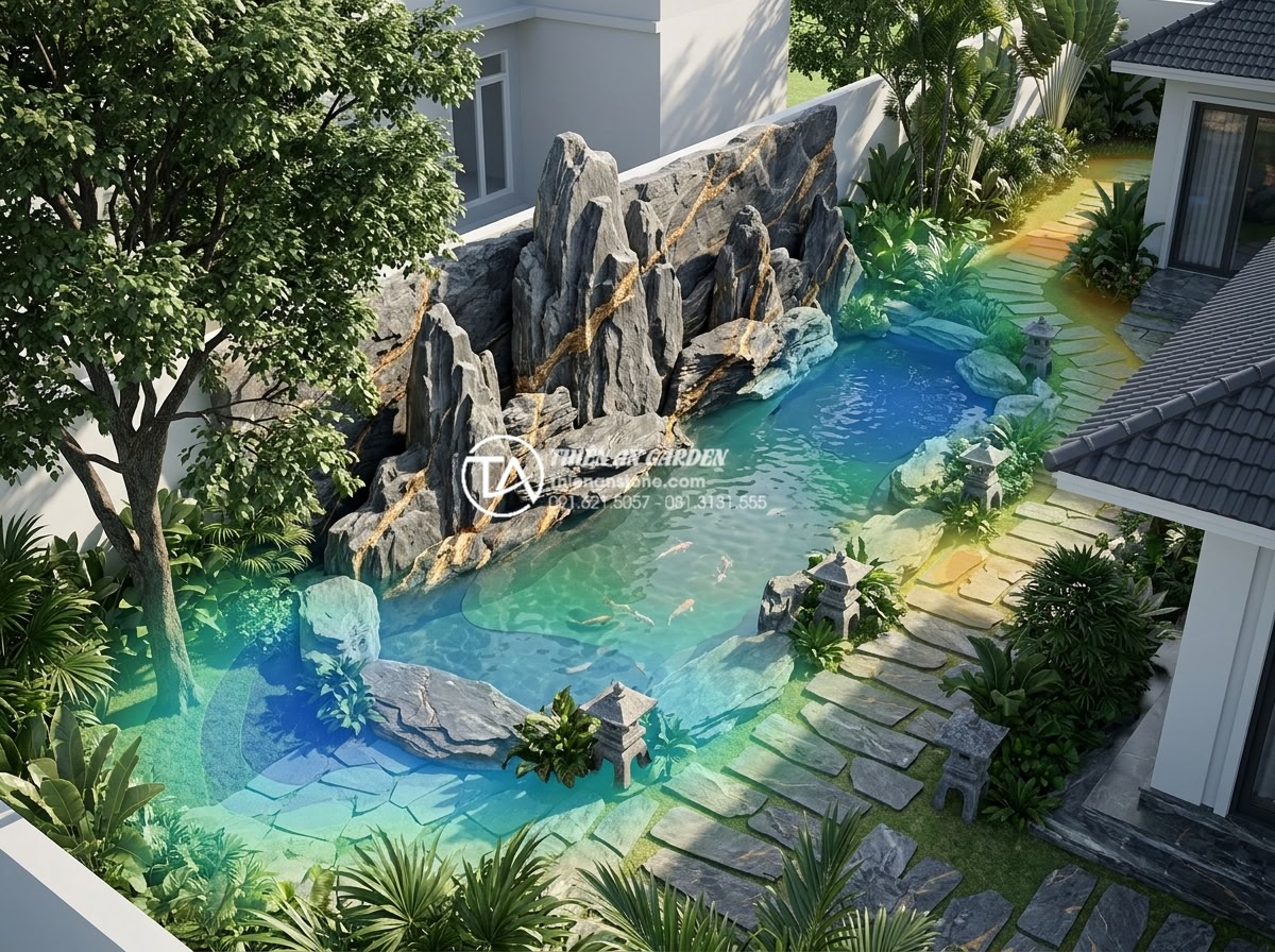 Ảnh hưởng của nắng nóng đến hồ cá sân vườn và giải pháp hạ nhiệt mùa hè - 3D architectural rendering of optimal koi pond placement in Vietnamese villa gar