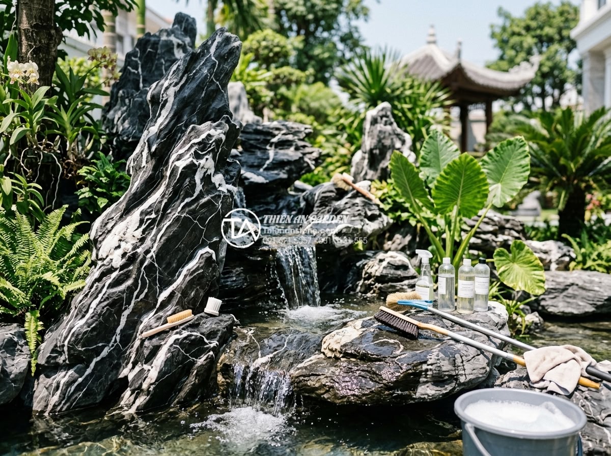 Bảo dưỡng định kỳ hòn non bộ: Những việc cần làm để giữ vẻ đẹp bền lâu - Professional team from Thien An Stone performing seasonal maintenance on a large