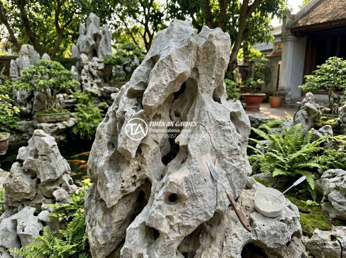 Bảo dưỡng định kỳ hòn non bộ: Những việc cần làm để giữ vẻ đẹp bền lâu - Skilled stonemason carefully applying specialized epoxy resin into a hairline cr