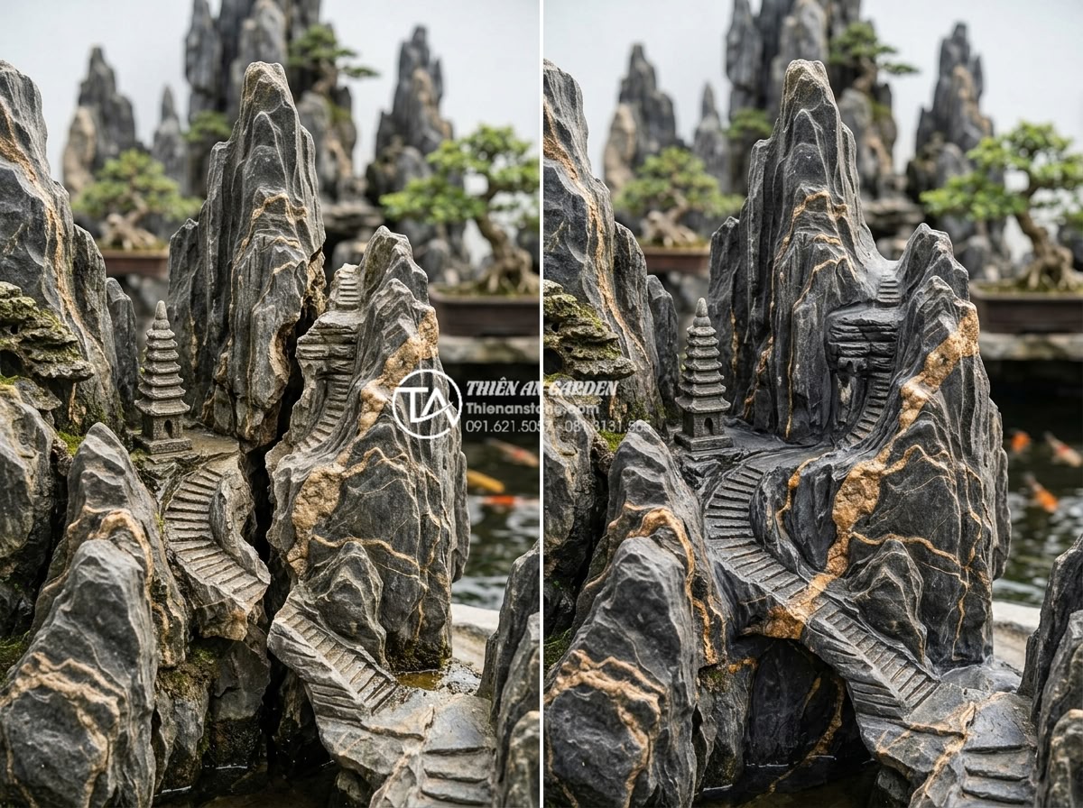 Bảo dưỡng định kỳ hòn non bộ: Những việc cần làm để giữ vẻ đẹp bền lâu - Before and after comparison of a repaired section on an elaborate Vietnamese nat