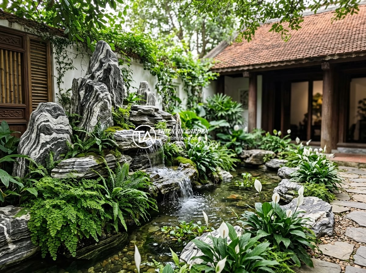 Bảo dưỡng định kỳ hòn non bộ: Những việc cần làm để giữ vẻ đẹp bền lâu - Lush green plants including ferns and peace lilies carefully arranged around a c