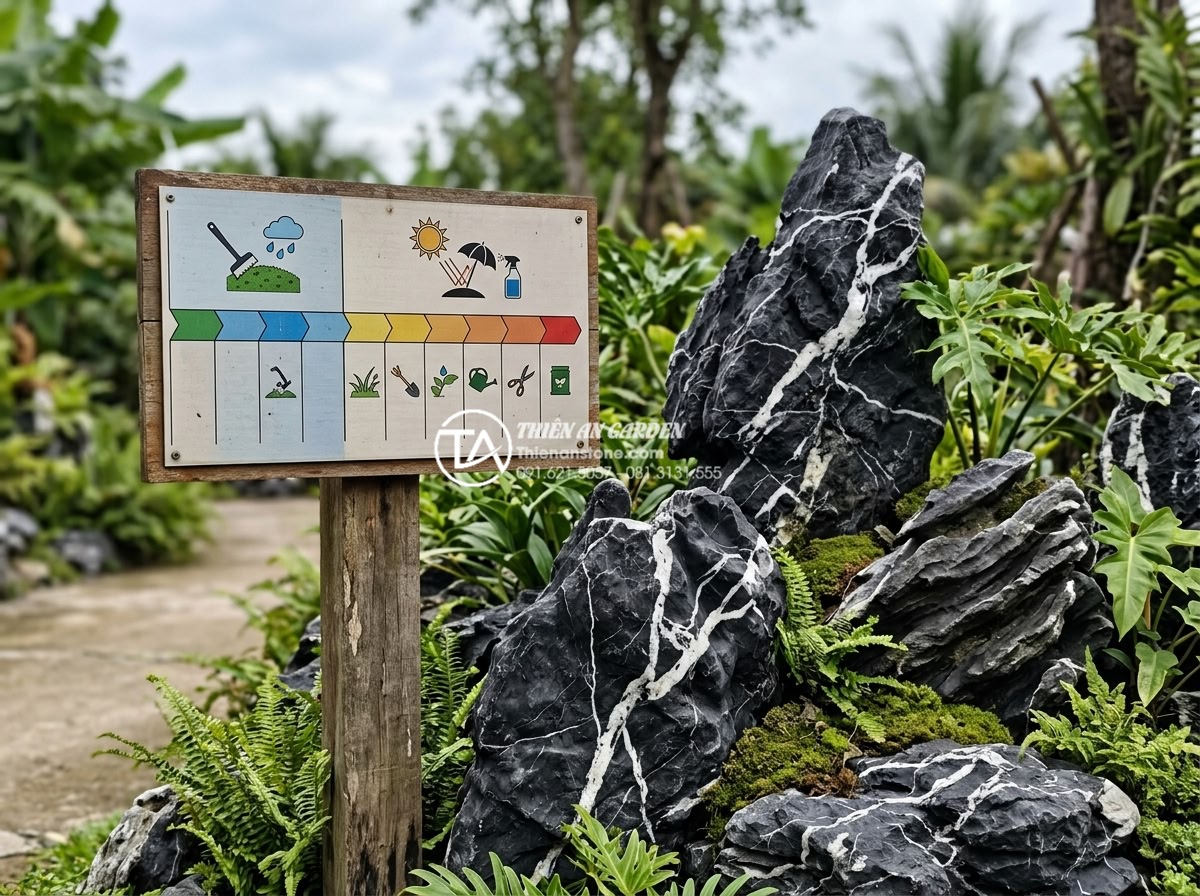 Bảo dưỡng định kỳ hòn non bộ: Những việc cần làm để giữ vẻ đẹp bền lâu - Seasonal maintenance schedule chart being reviewed by a landscape expert next to