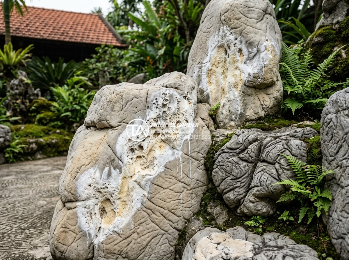 Bảo dưỡng định kỳ hòn non bộ: Những việc cần làm để giữ vẻ đẹp bền lâu - Damaged natural stone rock garden in Vietnam showing severe discoloration and su