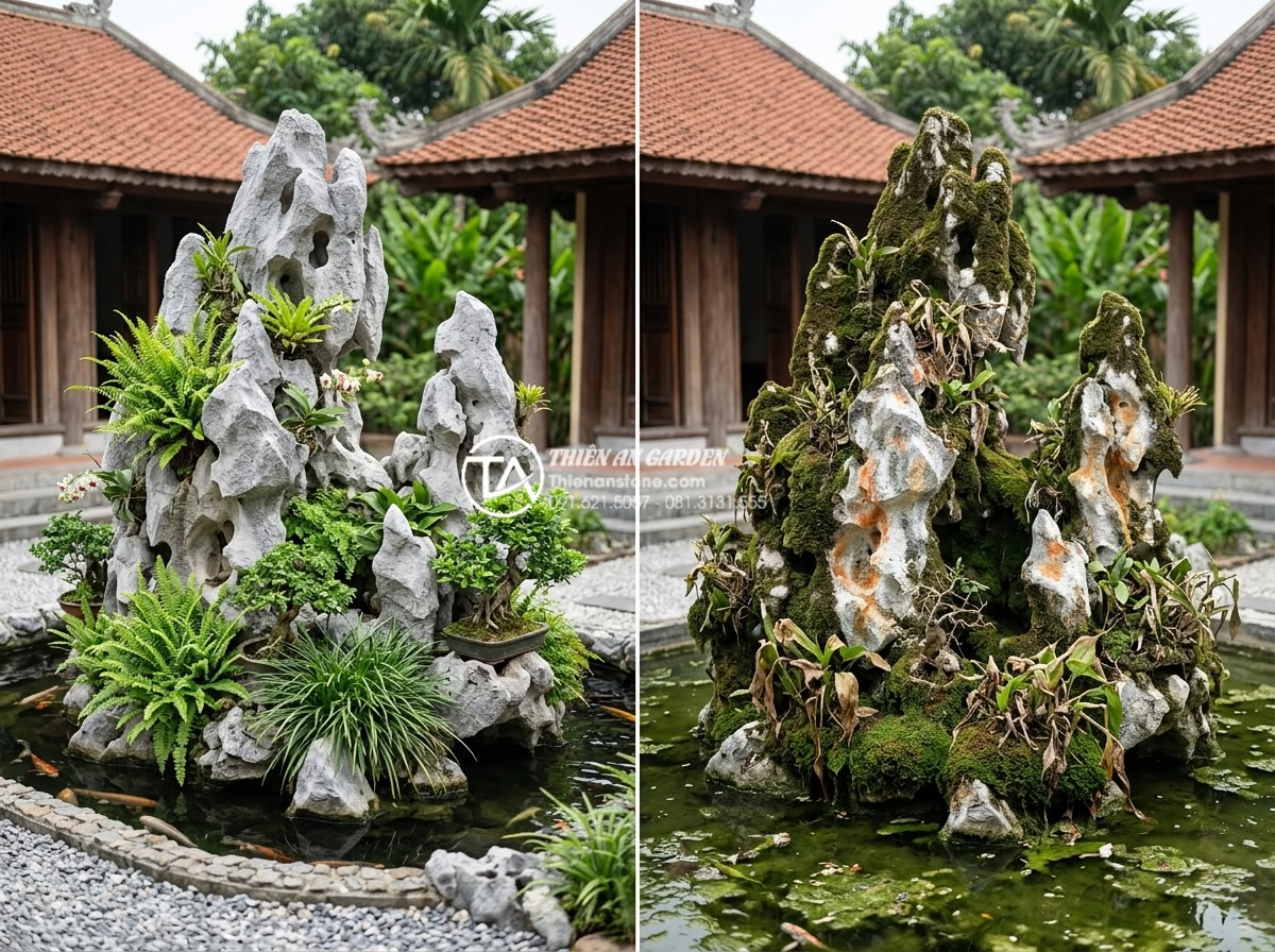 Bảo dưỡng định kỳ hòn non bộ: Những việc cần làm để giữ vẻ đẹp bền lâu - Comparison image of two identical natural stone rock gardens in Vietnamese villa