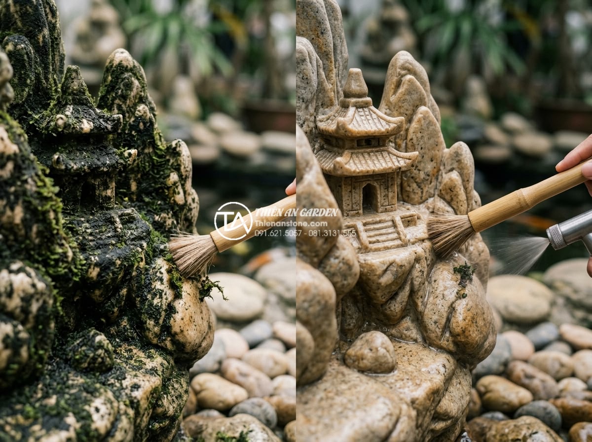 Bảo dưỡng định kỳ hòn non bộ: Những việc cần làm để giữ vẻ đẹp bền lâu - Detailed close-up of moss and algae being carefully removed from intricate natur