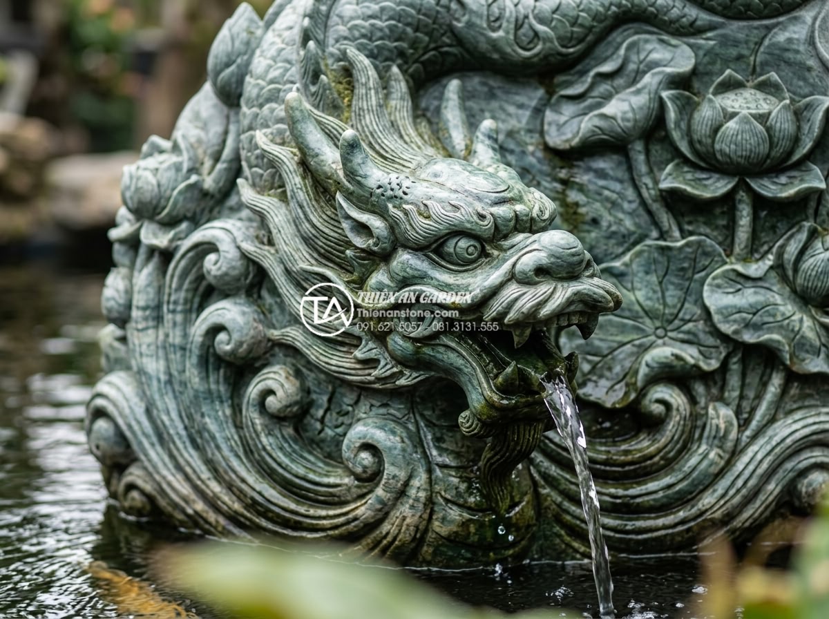 Báo giá thi công hồ cá tiểu cảnh sân vườn trọn gói mới nhất 2026 - Detailed close-up professional photograph showing intricate hand-carved natural 