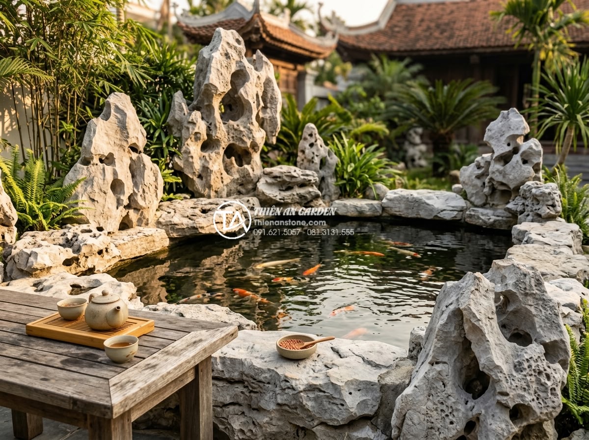 Báo giá thi công hồ cá tiểu cảnh sân vườn trọn gói mới nhất 2026 - Serene lifestyle photograph of a happy Vietnamese family relaxing by their newly
