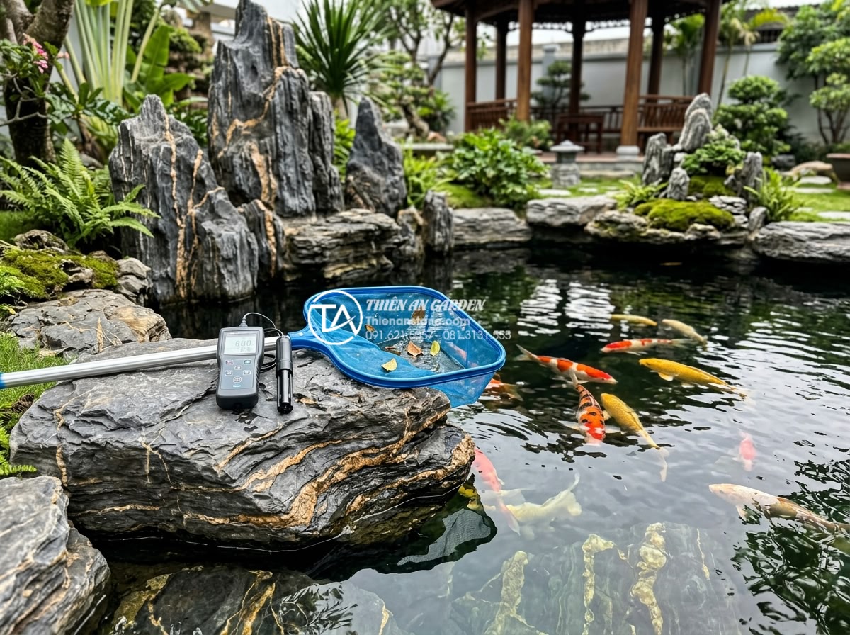 Báo giá thi công hồ cá tiểu cảnh sân vườn trọn gói mới nhất 2026 - Educational professional photograph demonstrating proper maintenance of a natura