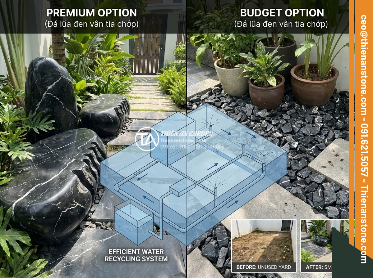 Báo giá thi công tiểu cảnh sân trước trọn gói mới nhất 2026 - Informative realistic photograph illustrating cost-saving natural stone landscap