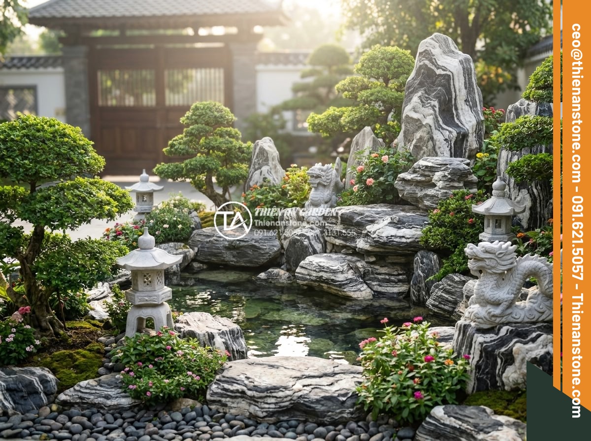 Báo giá thi công tiểu cảnh sân trước trọn gói mới nhất 2026 - Wide angle realistic photo of an elegant Vietnamese traditional style front gard