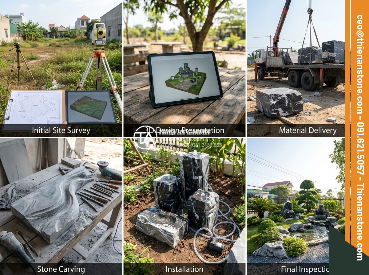 Báo giá thi công tiểu cảnh sân trước trọn gói mới nhất 2026 - Step-by-step realistic documentary style photo collage showing professional land
