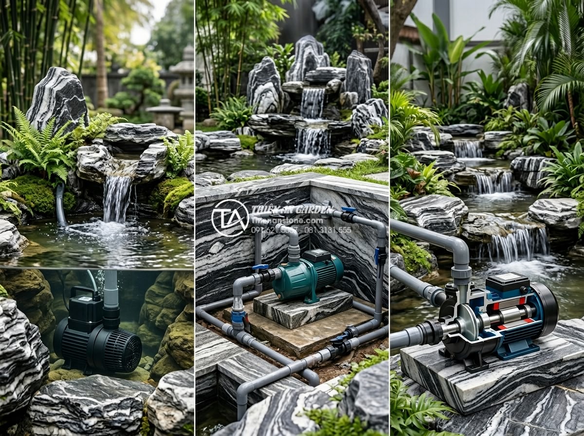 Bí quyết chọn máy bơm thác nước sân vườn: Công suất và độ bền tối ưu - Detailed technical comparison infographic style image showing three types of gar