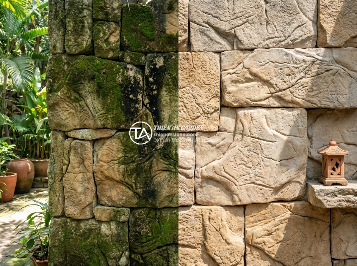 Bí quyết giữ đá cảnh sân trước luôn sạch bóng và không bị rêu mốc - Detailed before-and-after image of natural stone wall in Vietnamese garden: left