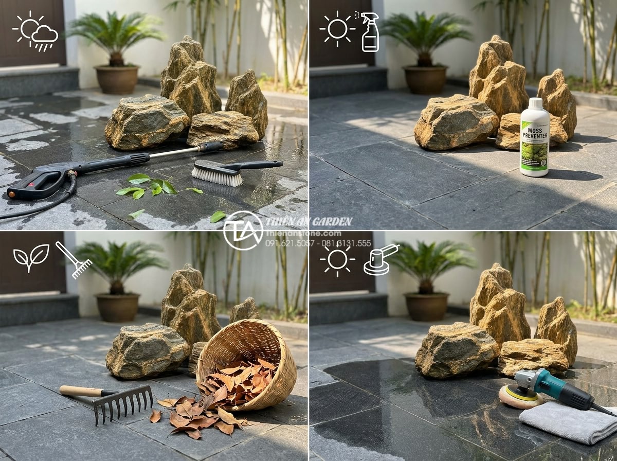 Bí quyết giữ đá cảnh sân trước luôn sạch bóng và không bị rêu mốc - Seasonal maintenance calendar infographic style image for stone garden care in V