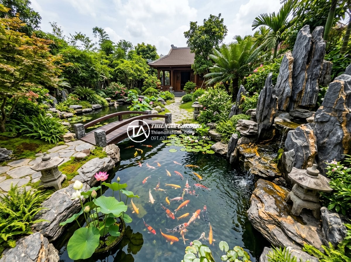 Bí quyết giữ nước hồ cá sân vườn luôn trong vắt không cần hóa chất - Hình 2 Bí quyết giữ nước hồ cá sân vườn luôn trong vắt không cần hóa chất - Wide angle view of a beautifully designed Vietnamese garden koi pond using natur