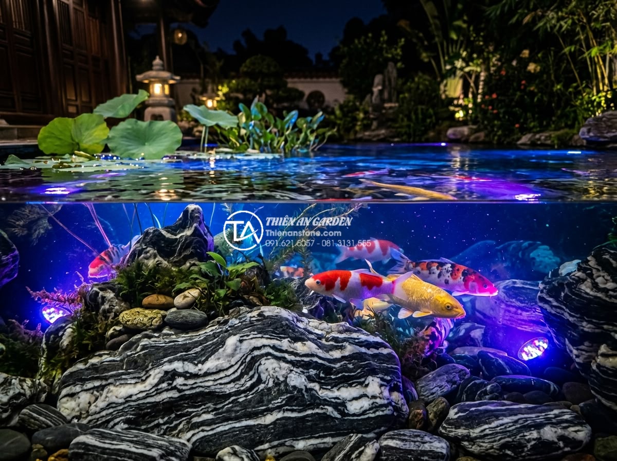 Cách chọn đèn LED âm nước cho hồ cá tiểu cảnh lung linh về đêm - Close-up of premium underwater RGB LED lights installed at the bottom of a cryst