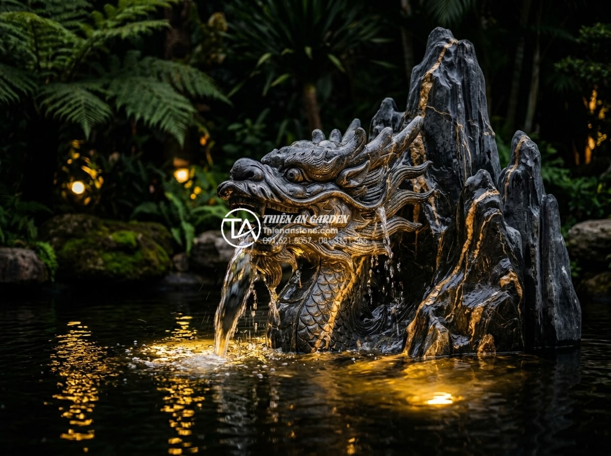 Cách chọn đèn LED âm nước cho hồ cá tiểu cảnh lung linh về đêm - Close-up detail of carved stone dragon sculpture in a garden pond dramatically i