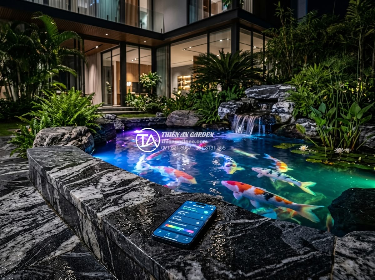 Cách chọn đèn LED âm nước cho hồ cá tiểu cảnh lung linh về đêm - Futuristic 2026 concept render of a smart koi pond with AI-controlled underwater