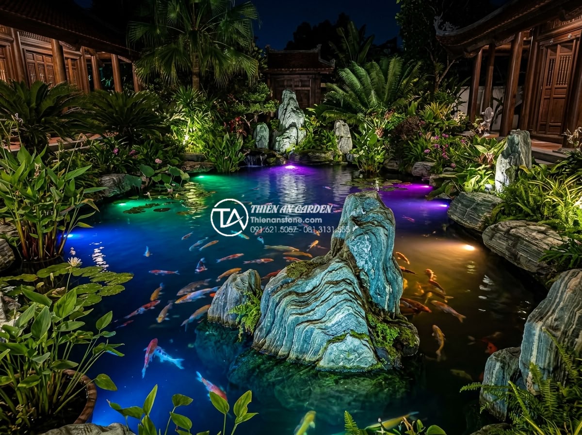 Cách chọn đèn LED âm nước cho hồ cá tiểu cảnh lung linh về đêm - Wide angle night view of a professionally lit koi fish pond using multiple under