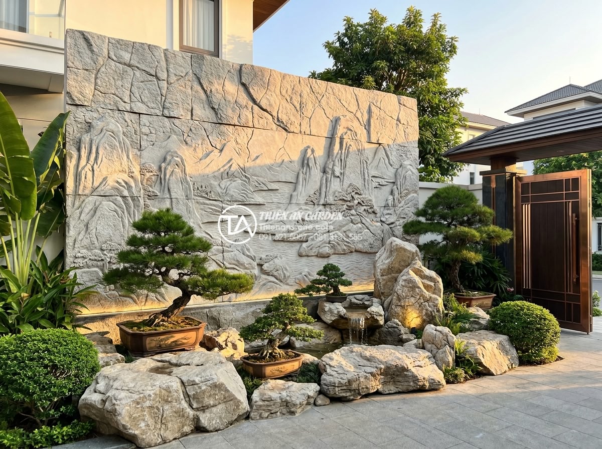 Cách kết hợp tranh đá ốp tường và tiểu cảnh nhỏ trước nhà đồng bộ - Photorealistic wide-angle view of a luxurious modern Vietnamese villa front yard