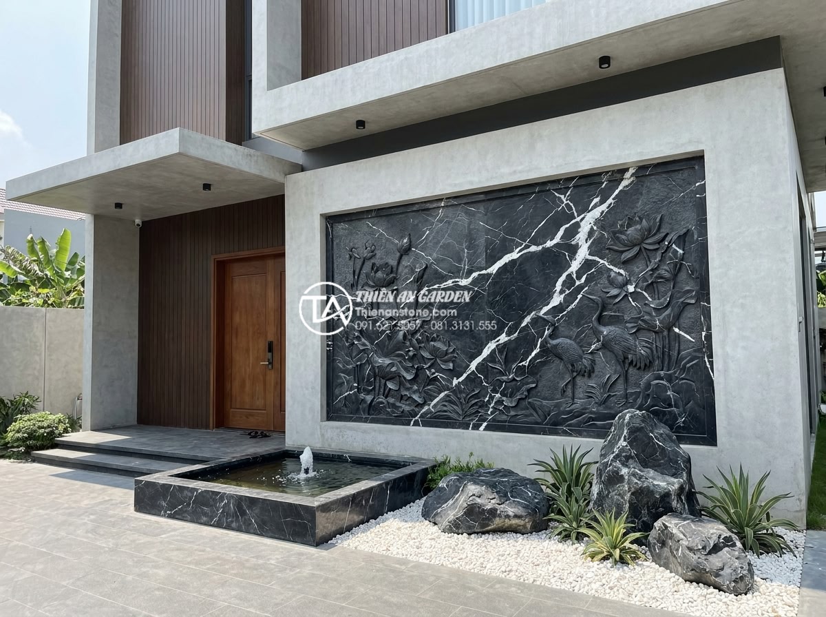 Cách kết hợp tranh đá ốp tường và tiểu cảnh nhỏ trước nhà đồng bộ - Artistic rendering of a contemporary Vietnamese home facade with a large custom 
