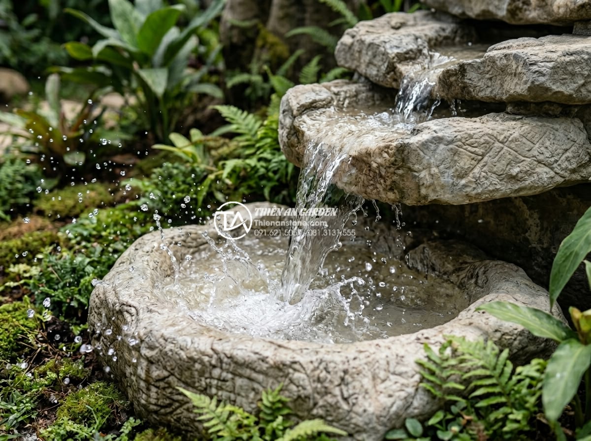 Cách khắc phục tình trạng nước tràn ra ngoài tiểu cảnh thác nước - Detailed close-up photograph of a natural stone waterfall feature showing the ex