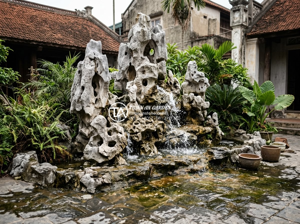 Cách khắc phục tình trạng nước tràn ra ngoài tiểu cảnh thác nước - Wide angle view of a poorly maintained natural stone garden waterfall with water