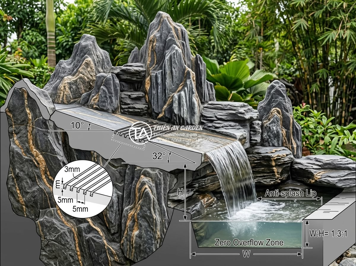 Cách khắc phục tình trạng nước tràn ra ngoài tiểu cảnh thác nước - Technical diagram style image of a cross-section of a natural stone waterfall sh
