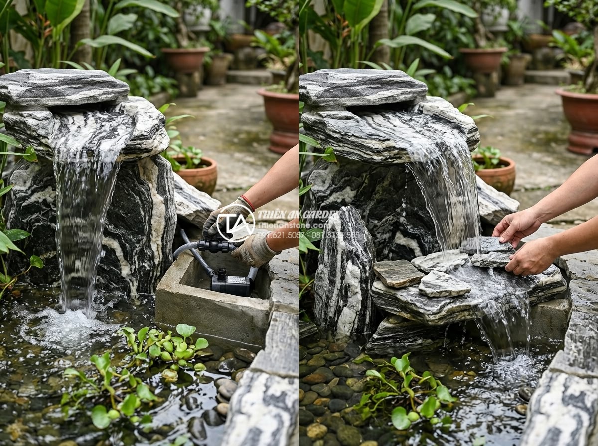 Cách khắc phục tình trạng nước tràn ra ngoài tiểu cảnh thác nước - Step-by-step instructional image showing a homeowner adjusting a garden waterfal